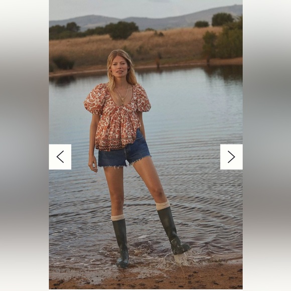 By Anthropologie Puff-Sleeve Babydoll Blouse in Orange Motif, Size Medium, NWOT - Picture 15 of 17